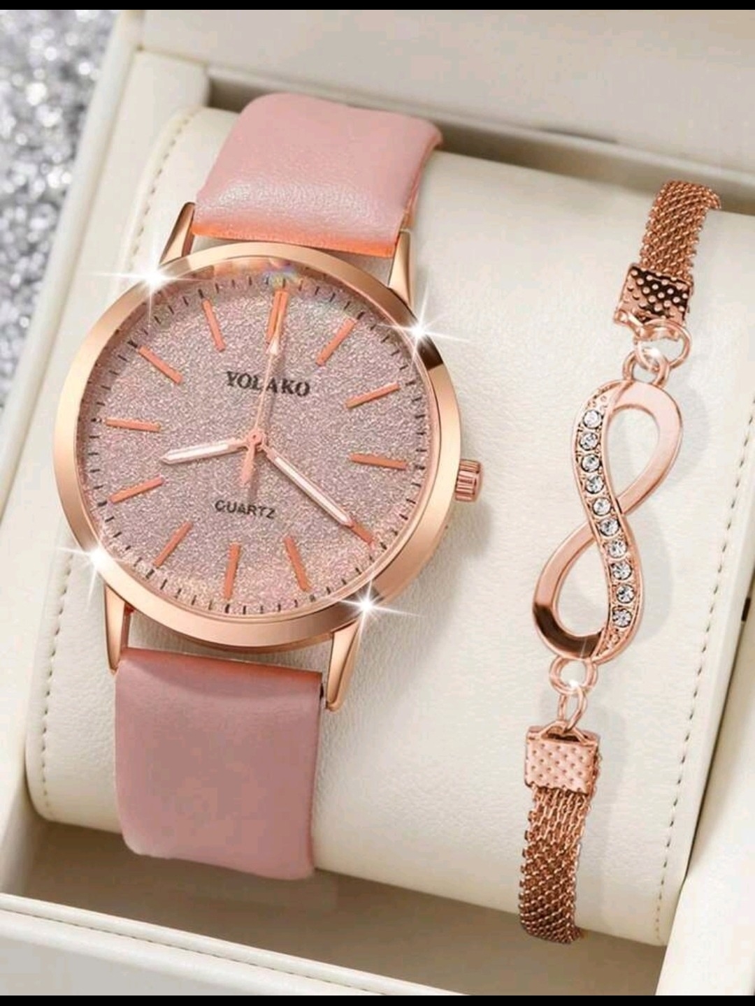 Women's Rose Gold Glitter Dial Quartz Watch Pink Pu Leather Strap Casual